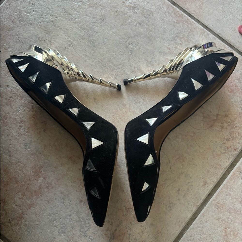 Paul Andrew Chrysler building heels chrome shell layered shoes triangle pumps - Picture 6 of 7